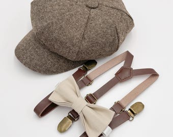 Newsboy Cap Outfit, Baby to Adult - Ring Bearer & Groomsman Wedding Set, Almond Bow Tie and Skinny Leather Suspenders, Gatsby Flat Cap