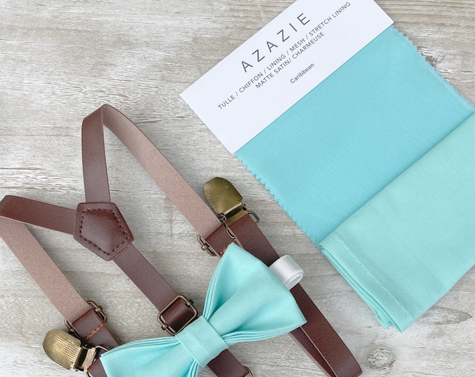 Aqua Blue Bow Tie & Skinny Leather Suspenders , Brown braces , Men's pocket square ,  Boy's Ring Bearer gift , Groomsmen Wedding outfit