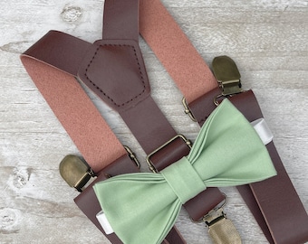 Sage Bow Tie & Brown Leather Suspenders , Men's pocket square , Boy's Ring Bearer gift , Groomsmen Wedding outfit
