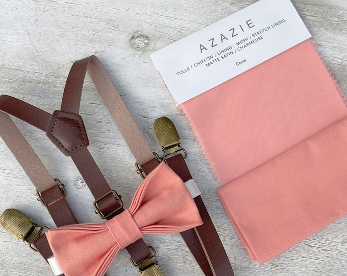 Coral Salmon Bow Tie & Skinny Leather Suspenders , Brown braces , Men's pocket square  , Boy's Ring Bearer gift , Groomsmen Wedding outfit