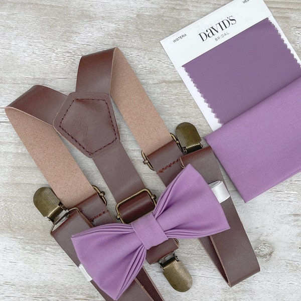 Wisteria Purple Bow Tie & Leather Suspenders , Men's pocket square , Boy's Ring Bearer gift , Groomsmen Wedding outfit , Brown Suspenders