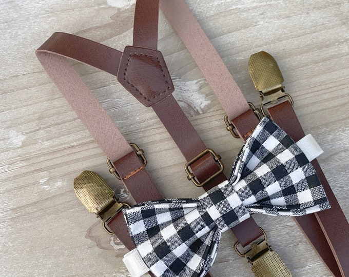 Black White Bow Tie & Skinny Leather Suspenders , Men's plaid bow tie , Boy's Ring Bearer gift , Groomsmen Wedding outfit , Brown Braces