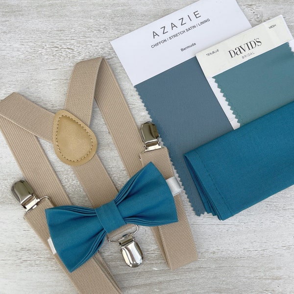 Teal Blue Bow Tie - Champagne Tan Suspenders , Carré de poche pour homme , Cadeau de porteur de l'anneau pour garçon , Cadeau de garçons d'honneur , Tenue de marié de mariage