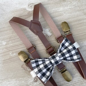 Black White Bow Tie & Skinny Leather Suspenders , Men&#39;s plaid bow tie , Boy&#39;s Ring Bearer gift , Groomsmen Wedding outfit , Brown Braces