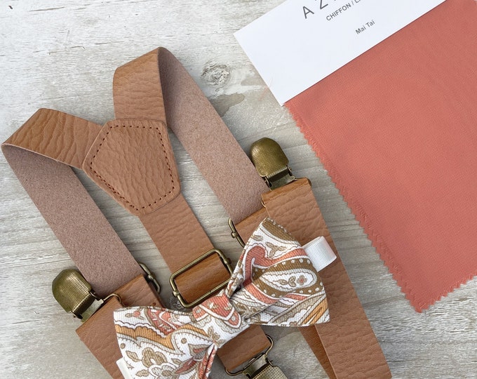 Paisley Mai Tai Bow Tie & Leather Suspenders , Men's Light Brown braces , Boy's Ring Bearer gift , Groomsmen Wedding outfit