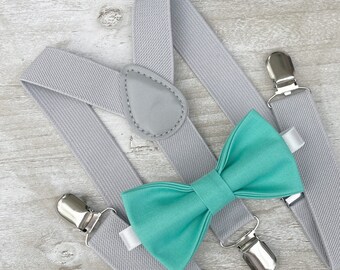 Dark Mint Bow Tie & Light Gray Suspenders , Men's Braces , Boy's Ring Bearer gift , Groomsmen Wedding outfit
