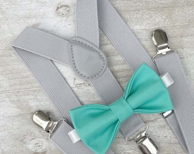 Dark Mint Bow Tie & Light Gray Suspenders , Men's Braces , Boy's Ring Bearer gift , Groomsmen Wedding outfit