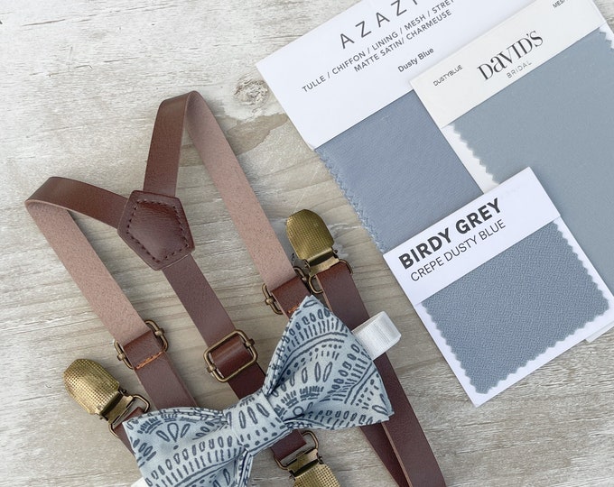 Boho Dusty Blue Bow Tie &  Skinny Leather Suspenders , Brown Braces , Men's pocket square , Boys Ring Bearer gift , Groomsmen Wedding outfit