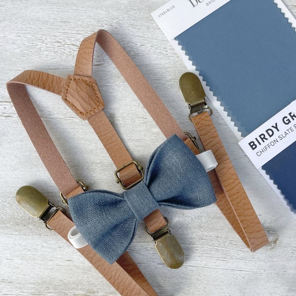 Linen Steel Blue Bow Tie & Skinny Leather Suspenders , Men's rustic bow tie , Boy's Ring Bearer gift , Groomsmen Wedding outfit