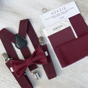 Cabernet Wine Bow Tie & Suspenders , Men's pocket square , Boy's Ring Bearer gift , Groomsmen Gift , Wedding Groom outfit