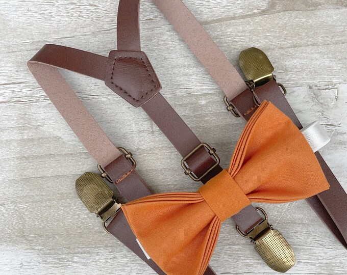 Burnt Orange Bow Tie & Skinny Leather Suspenders , Men's Brown braces , Boy's Ring Bearer gift , Groomsmen Wedding outfit