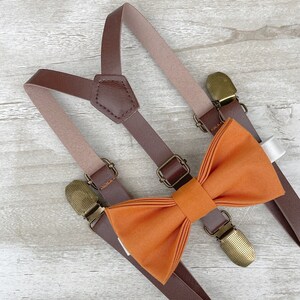 Burnt Orange Bow Tie & Skinny Leather Suspenders , Men&#39;s Brown braces , Boy&#39;s Ring Bearer gift , Groomsmen Wedding outfit