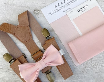 Blush Bow Tie & Brown Leather Suspenders , Men's pocket square , Boy's Ring Bearer gift , Groomsmen Gift , Wedding Groom outfit