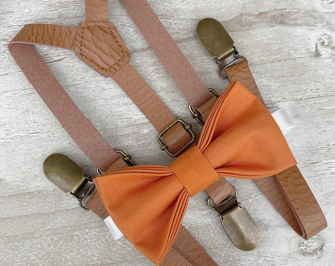 Burnt Orange Bow Tie & Skinny Light Brown Leather Suspenders , Men's bow tie , Boy's Ring Bearer gift , Groomsmen Gift , Wedding outfit