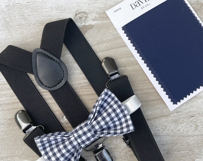 Plaid Navy Blue Bow Tie &  Black Suspenders , Men's Braces , Gingham bow tie , Boy's Ring Bearer gift , Groomsmen Wedding outfit