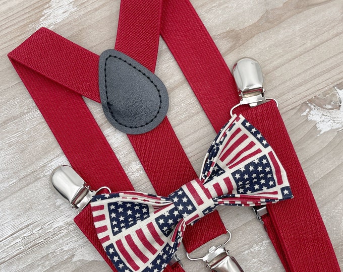 USA Flag Bow Tie & Red Suspenders , Men's braces , Boy's Independence day costume ,  Patriotic outfit , July 4th set