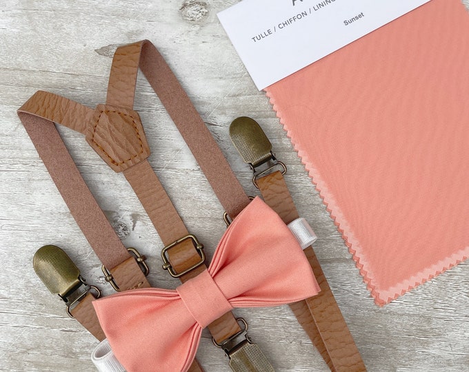 Sunset Coral Bow Tie & Skinny Leather Suspenders , Men's pocket square , Boy's Ring Bearer gift , Groomsmen Wedding outfit , Brown braces