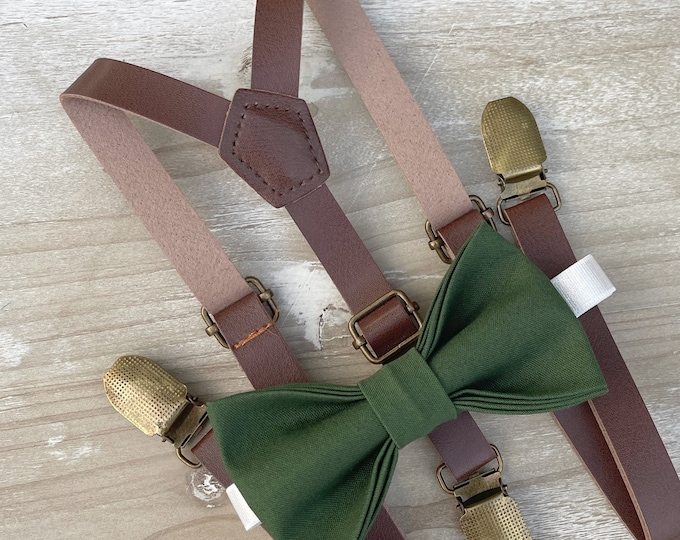 Forest Green Bow Tie & Skinny Leather Suspenders , Men's Dark green bow tie , Boy's Ring Bearer gift , Groomsmen Gift , Wedding Groom outfit