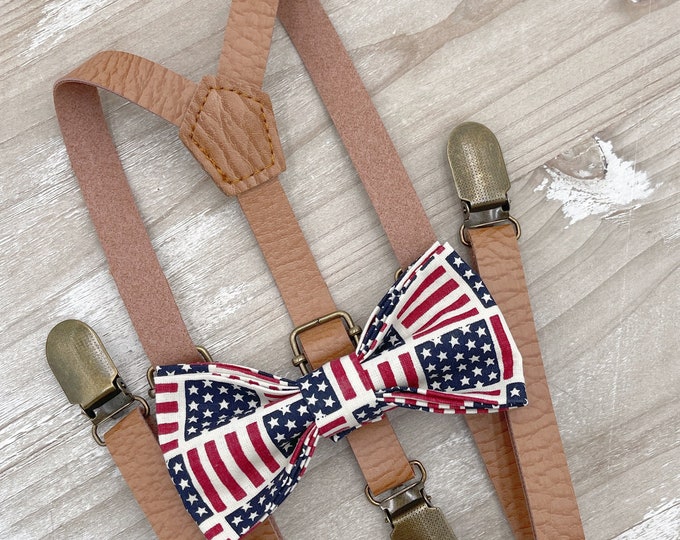 USA Flag Bow Tie & Skinny Leather Suspenders , Men's Light Brown braces , Boy's Independence day costume , Patriotic outfit , July 4th set