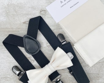 White Alabaster Ecru Bow Tie & Black Suspenders , Men's pocket square , Boy's Ring Bearer gift , Groomsmen Wedding outfit , Groom Braces