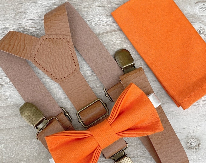 Orange Bow Tie & Leather Suspenders , light brown braces , Men's Pocket Square , Boy's Ring Bearer gift , Groomsmen Wedding outfit