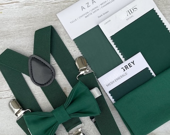Juniper Green Bow Tie & Green Suspenders , Men's pocket square , Boy's Ring Bearer gift , Groomsmen Gift , Wedding Groom best Man outfit