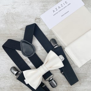 White Alabaster Ecru Bow Tie & Black Suspenders , Men&#39;s pocket square , Boy&#39;s Ring Bearer gift , Groomsmen Wedding outfit , Groom Braces