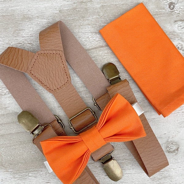 Orange Bow Tie & Leather Suspenders , light brown braces , Men's Pocket Square , Boy's Ring Bearer gift , Groomsmen Wedding outfit