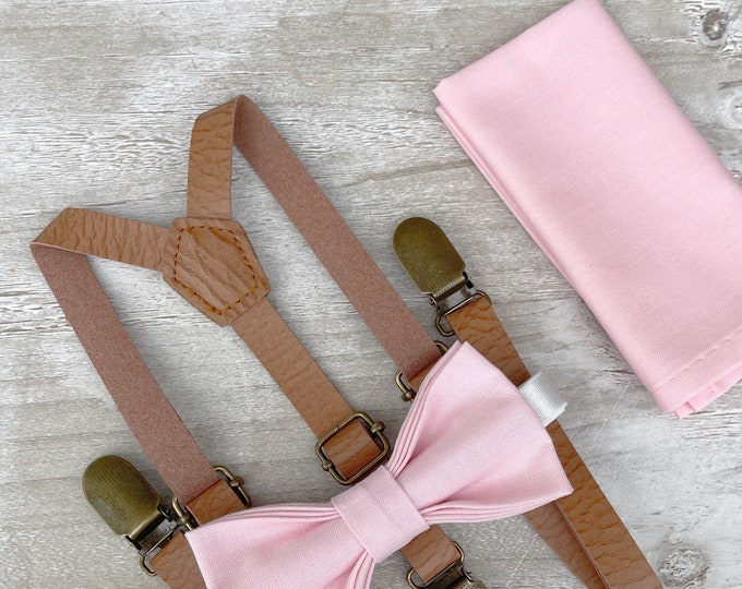 Baby Pink Bow Tie & Leather Skinny Suspenders , Light Brown braces , Men's pocket square , Boy's Ring Bearer gift , Groomsmen Wedding outfit