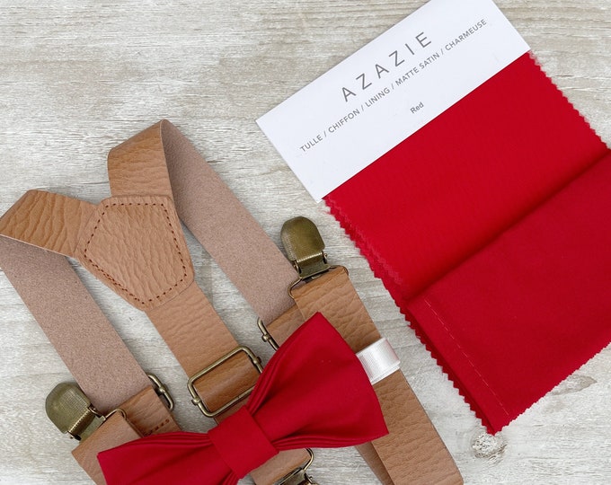 Apple Bow Tie & Leather  Suspenders , Light Brown Braces , Men's pocket square , Boy's Ring Bearer gift , Groomsmen Wedding set