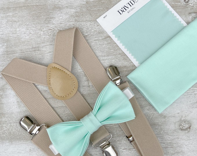 Mint Bow Tie & Champagne Tan Suspenders , Men's pocket square , Boy's Ring Bearer gift , Groomsmen Wedding outfit , Cake Smash set