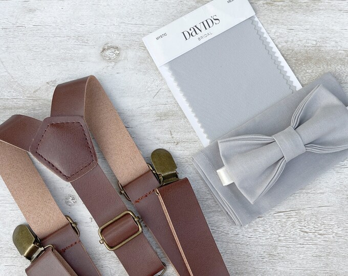 Mystic Gray Bow Tie & Leather Suspenders , Brown Braces , Men's pocket square , Boy's Ring Bearer gift , Groomsmen Wedding outfit
