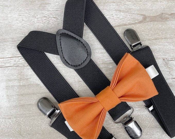 Burnt Orange Bow Tie & Black Suspenders , Men's braces , Boy's Ring Bearer gift , Groomsmen Wedding outfit