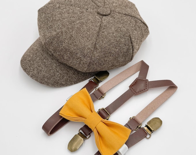 Newsboy Cap Outfit, Baby to Adult - Ring Bearer & Groomsman Wedding Set, Marigold  Bow Tie and Skinny Leather Suspenders, Gatsby Flat Cap