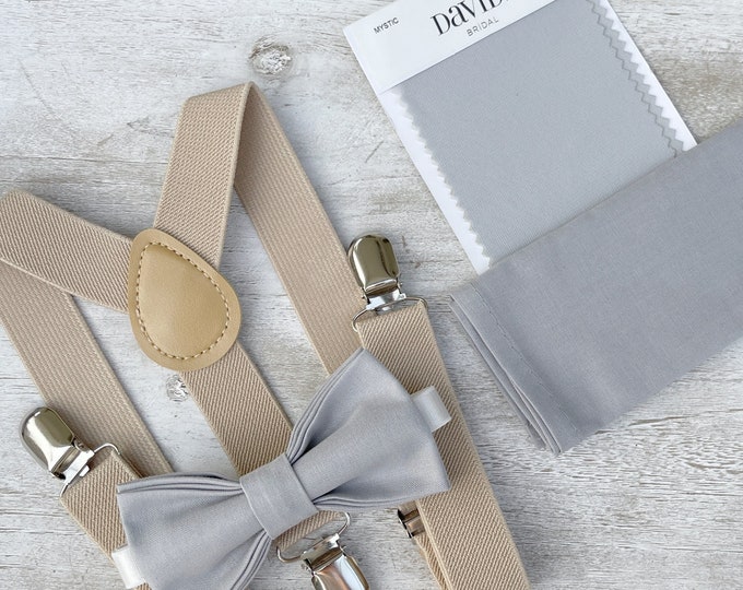 Mystic Gray Bow Tie & Champagne Tan Suspenders , Khaki Braces , Men's pocket square , Boy's Ring Bearer gift , Groomsmen Wedding outfit