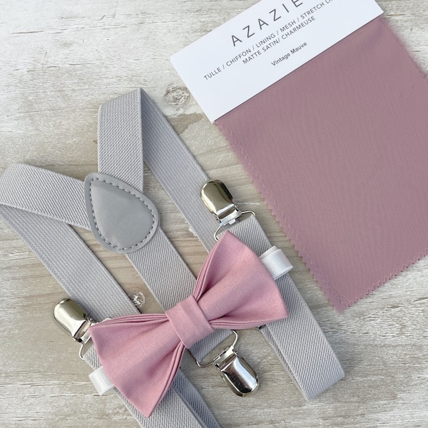 Nœud papillon mauve vintage et bretelles gris clair, pochette de costume pour homme, cadeau porte-alliances pour garçon, ensemble de garçons d'honneur, tenue de marié pour mariage