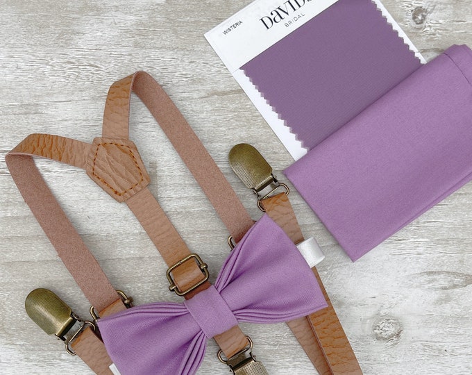 Wisteria Bow Tie & Skinny Leather Light Brown Suspenders , Men's pocket square , Boy's Ring Bearer gift , Groomsmen outfit , Cake Smash set