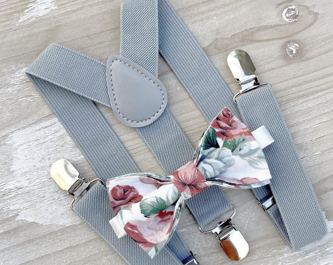 Floral Dusty Blue Bow Tie & Dusty gray Suspenders , Men's pocket square , Boy's Ring Bearer gift , Groomsmen Gift , Wedding Groom outfit