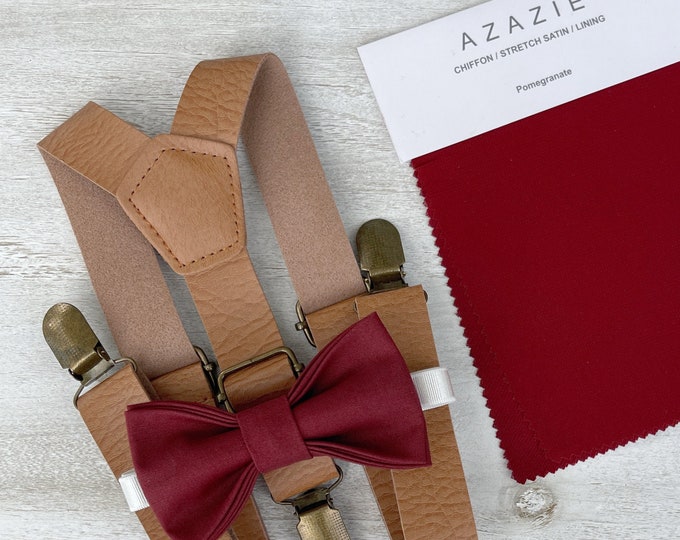 Pomegranate Red Bow Tie & Leather Suspenders , Men's Light Brown Braces , Boy's Ring Bearer gift , Groomsmen Wedding outfit