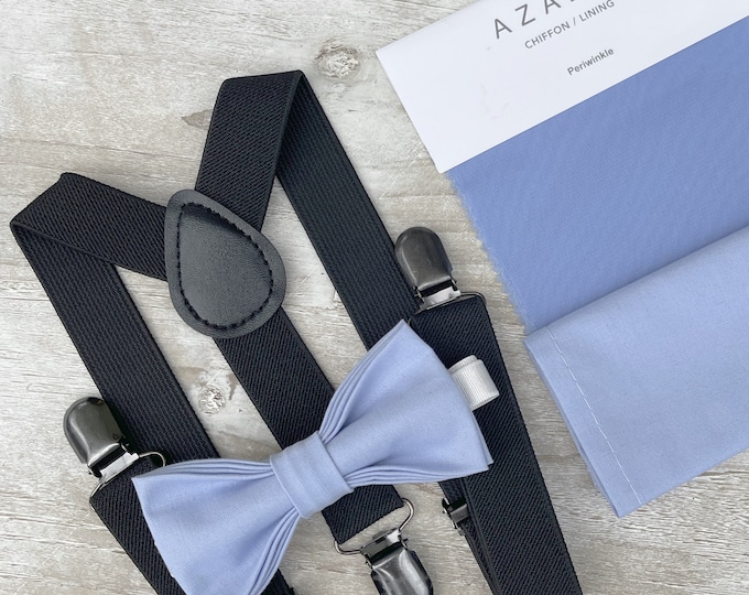 Periwinkle Bow Tie & Black Suspenders , Men's pocket square , Ring Bearer gift , Boy's outfit , Groomsmen Wedding outfit , Toddler bow tie
