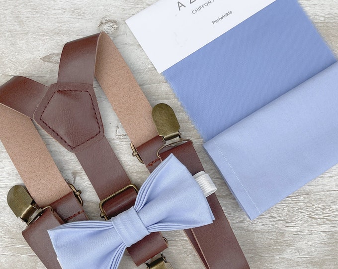 Periwinkle Bow Tie & Leather Brown Suspenders , Men's pocket square , Boy's Ring Bearer gift , Groomsmen Wedding outfit