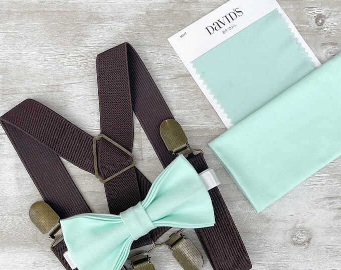 Mint Bow Tie & Coffee Brown x- back Suspenders , Men's pocket square , Boy's Ring Bearer gift , Groomsmen Wedding outfit , Cake Smash set