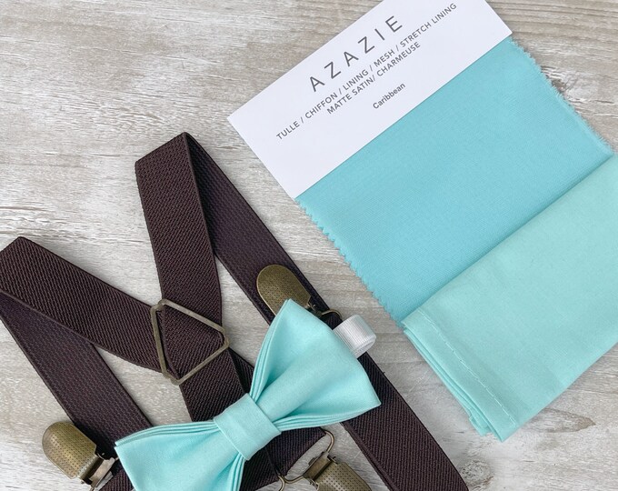Aqua Blue Bow Tie & Coffee Brown Suspenders , x - back braces , Men's pocket square ,  Boy's Ring Bearer gift , Groomsmen Wedding outfit