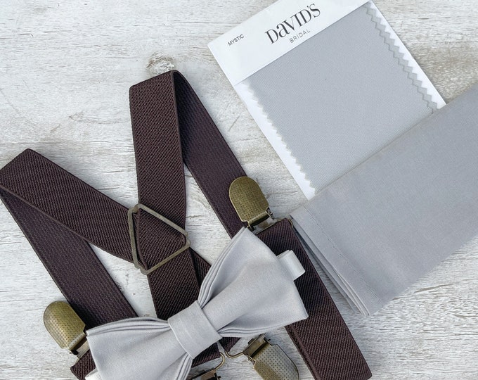 Mystic Gray Bow Tie & Coffee Brown Suspenders , x - back Braces , Men's pocket square , Boy's Ring Bearer gift , Groomsmen Wedding outfit
