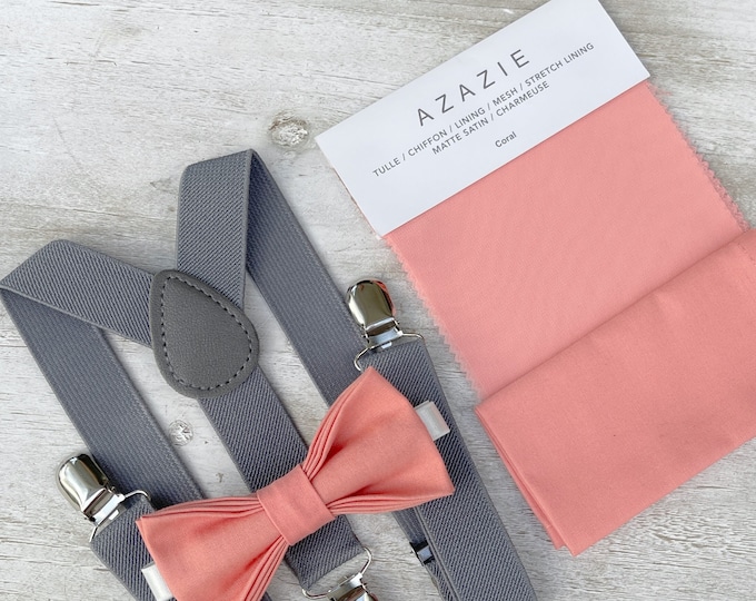 Coral Salmon Bow Tie &  Gray Suspenders , Groom Braces , Men's pocket square , Boy's Ring Bearer gift , Groomsmen Wedding outfit