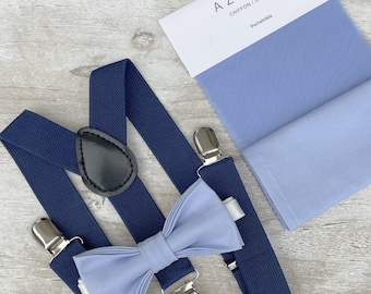 Periwinkle Bow Tie & Navy Blue Suspenders , Marine Braces , Men's pocket square , Boy's Ring Bearer gift , Groomsmen Wedding outfit