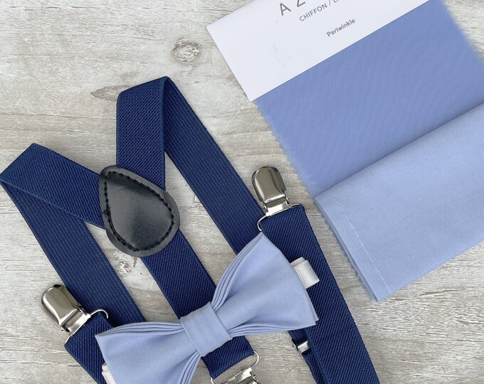 Periwinkle Bow Tie & Navy Blue Suspenders , Marine Braces , Men's pocket square , Boy's Ring Bearer gift , Groomsmen Wedding outfit