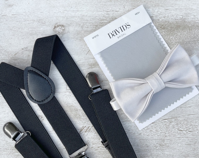 Pale Gray Bow Tie & Black Suspenders , Men's Groom Braces , Boy's Ring Bearer gift , Groomsmen Wedding outfit