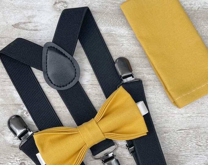 Mustard Yellow Bow Tie & Black Suspenders , Groom Braces , Men's pocket square , Boy's Ring Bearer gift , Groomsmen Wedding outfit