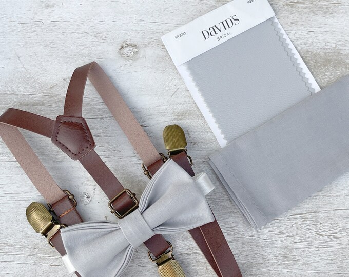 Mystic Gray Bow Tie & Leather Skinny Suspenders , Brown Braces , Men's pocket square , Boy's Ring Bearer gift , Groomsmen Wedding outfit